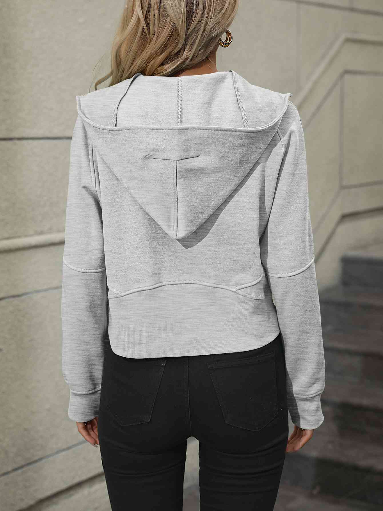 Dark Gray Zip-Up Raglan Sleeve Hoodie with Pocket