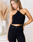 Black Basic Bae Halter Neck Ribbed Cropped Knit Top