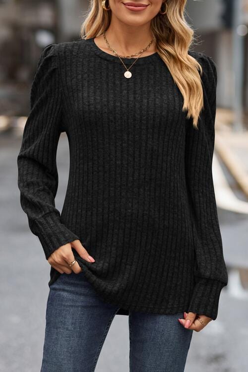 Dark Gray Ribbed Round Neck Long Sleeve Knit Top