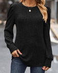 Dark Gray Ribbed Round Neck Long Sleeve Knit Top