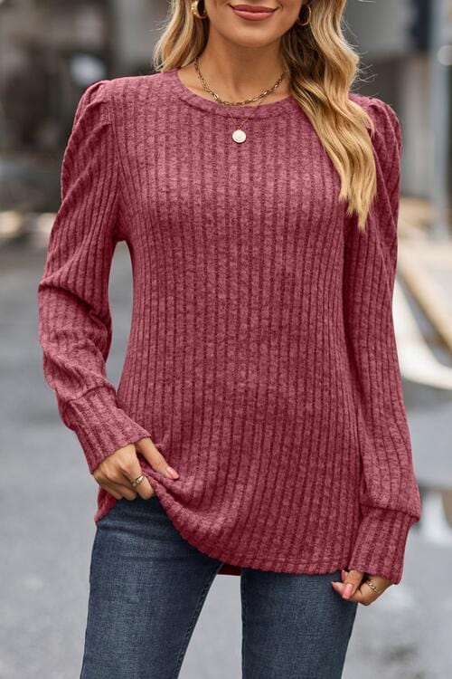 Dim Gray Ribbed Round Neck Long Sleeve Knit Top