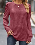 Dim Gray Ribbed Round Neck Long Sleeve Knit Top