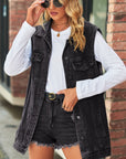 Dark Slate Gray Collared Neck Sleeveless Denim Top with Pockets