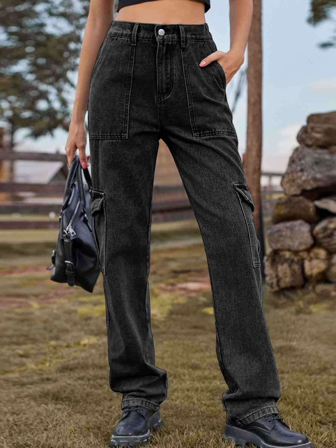 Dark Slate Gray High Waist Cargo Jeans