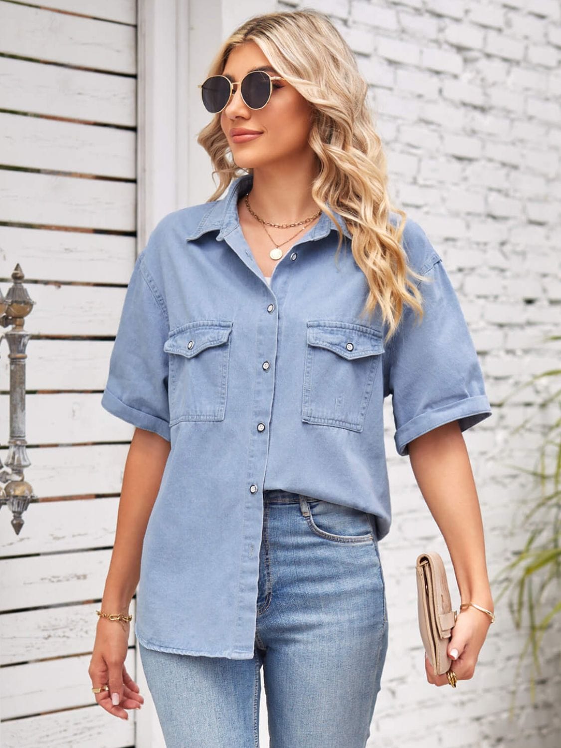 Gray Collared Neck Short Sleeve Denim Jacket