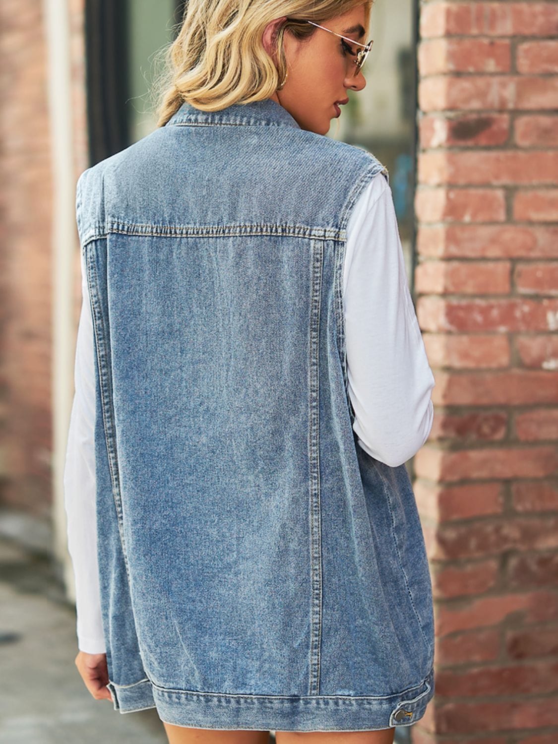 Slate Gray Collared Neck Sleeveless Denim Top with Pockets