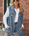 Dim Gray Collared Neck Sleeveless Denim Top with Pockets