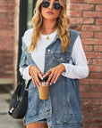 Dim Gray Collared Neck Sleeveless Denim Top with Pockets