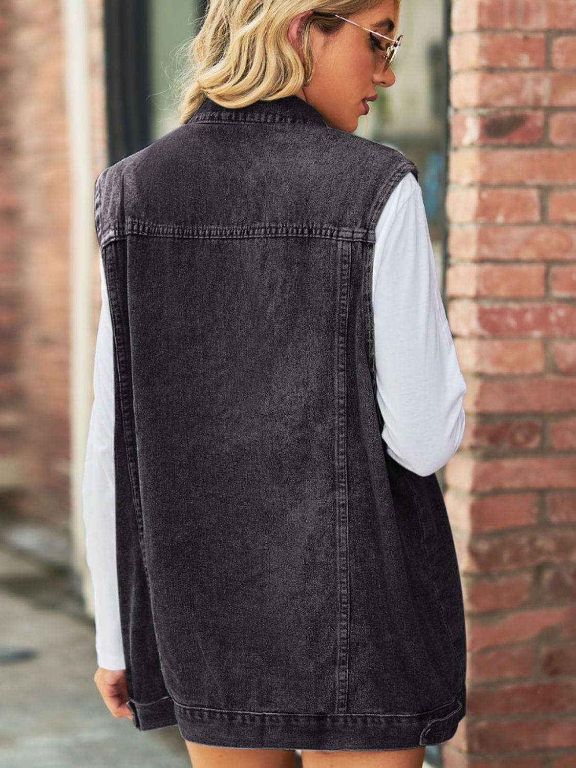 Dark Slate Gray Collared Neck Sleeveless Denim Top with Pockets