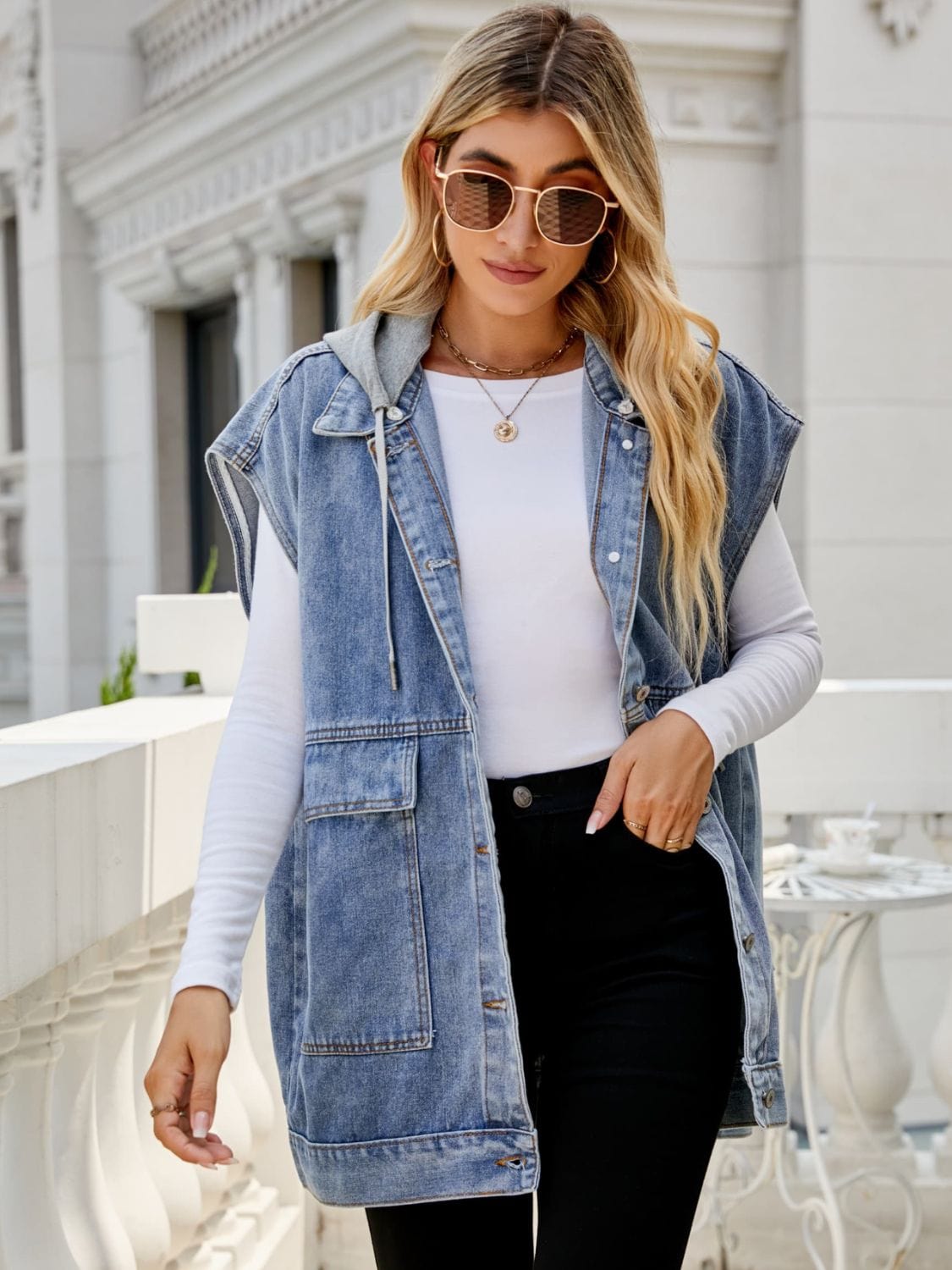 Gray Hooded Sleeveless Denim Top with Pockets