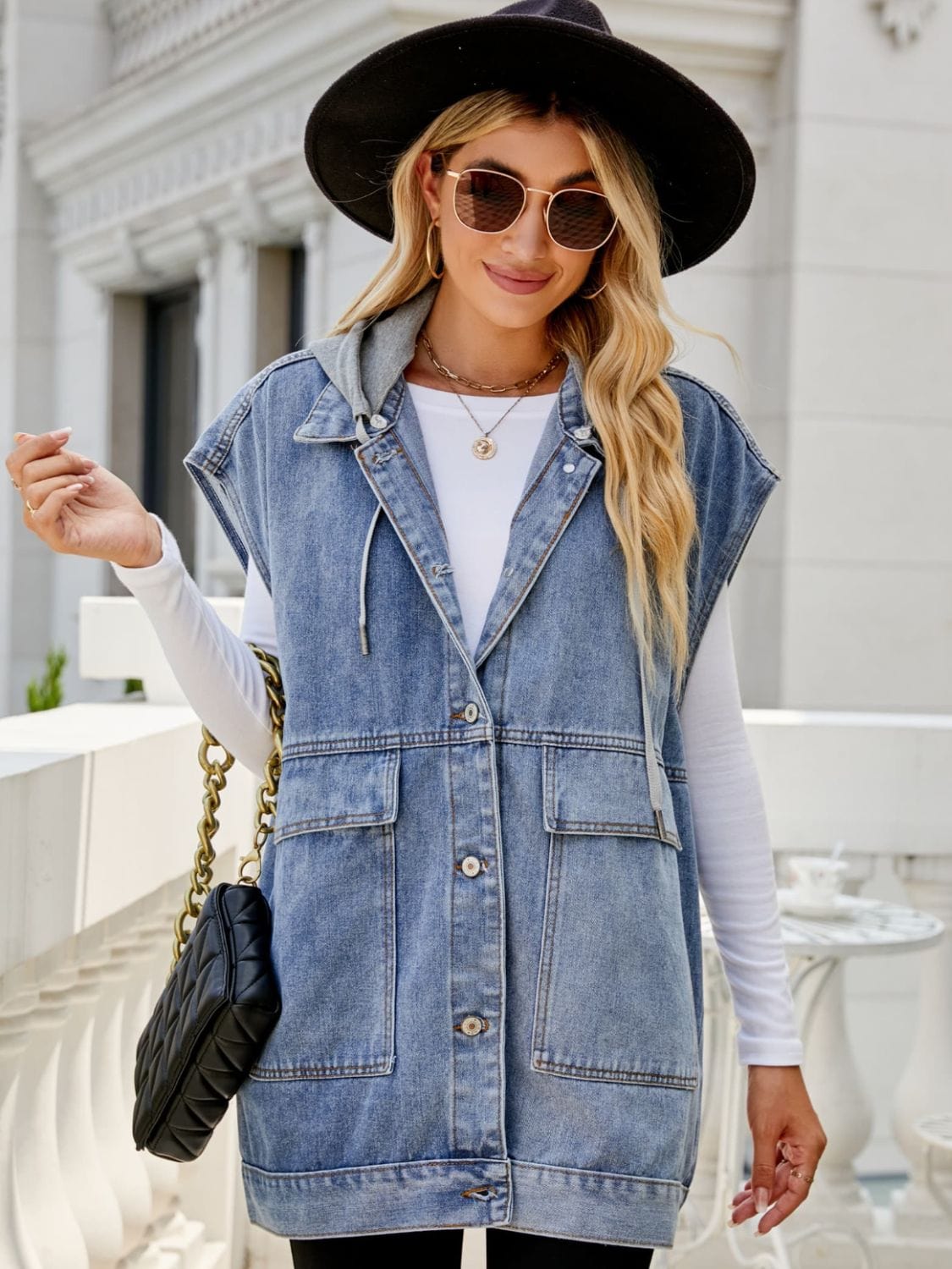 Gray Hooded Sleeveless Denim Top with Pockets