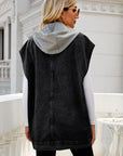 Black Hooded Sleeveless Denim Top with Pockets