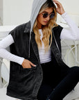 Black Hooded Sleeveless Denim Top with Pockets