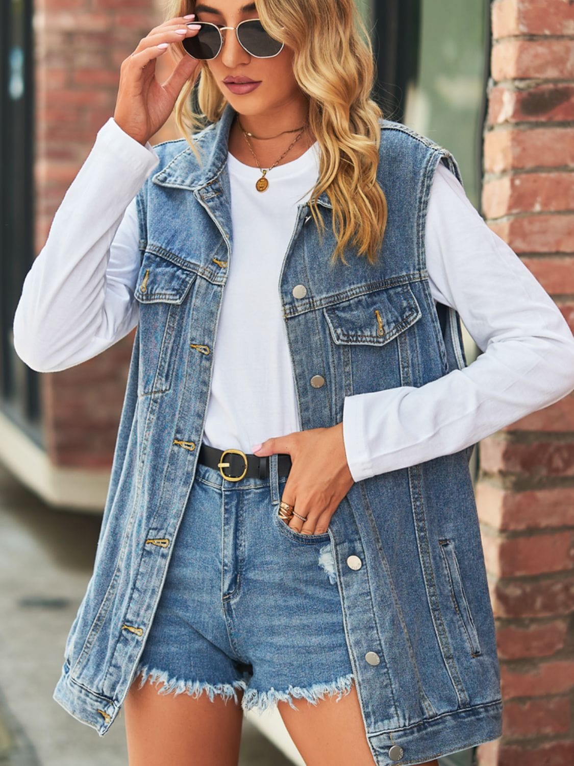 Dark Gray Collared Neck Sleeveless Denim Top with Pockets