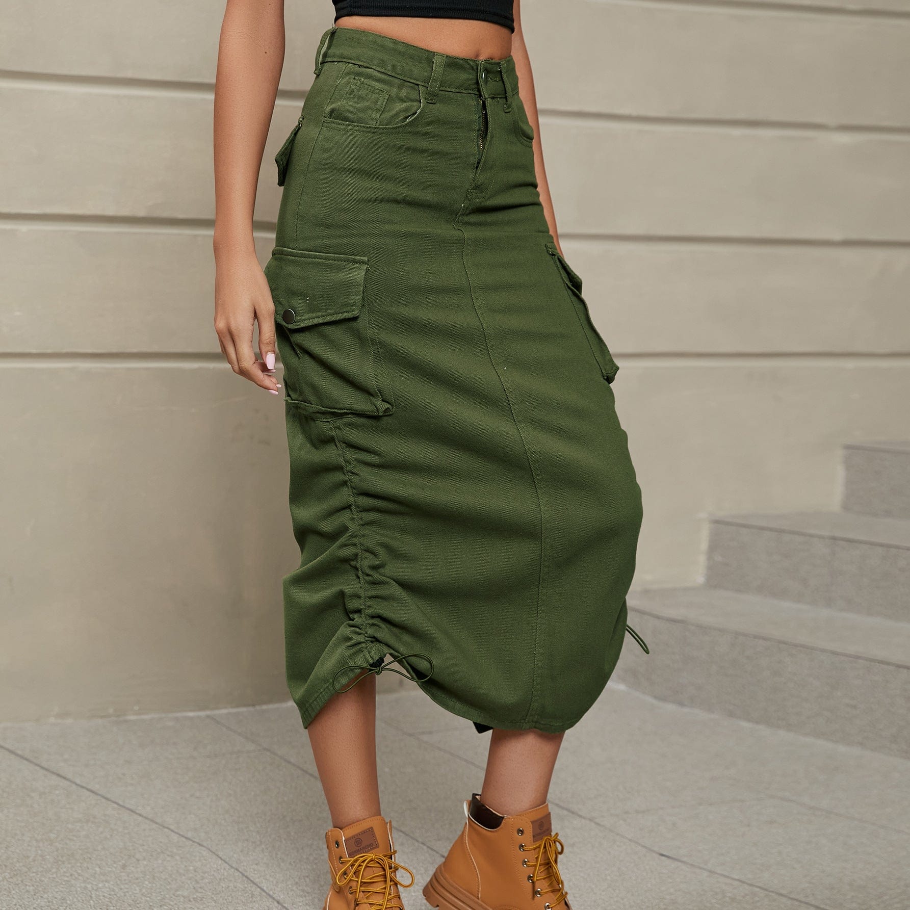 Rosy Brown Drawstring Ruched Slit Denim Midi Skirt