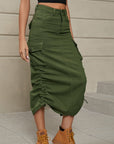 Rosy Brown Drawstring Ruched Slit Denim Midi Skirt