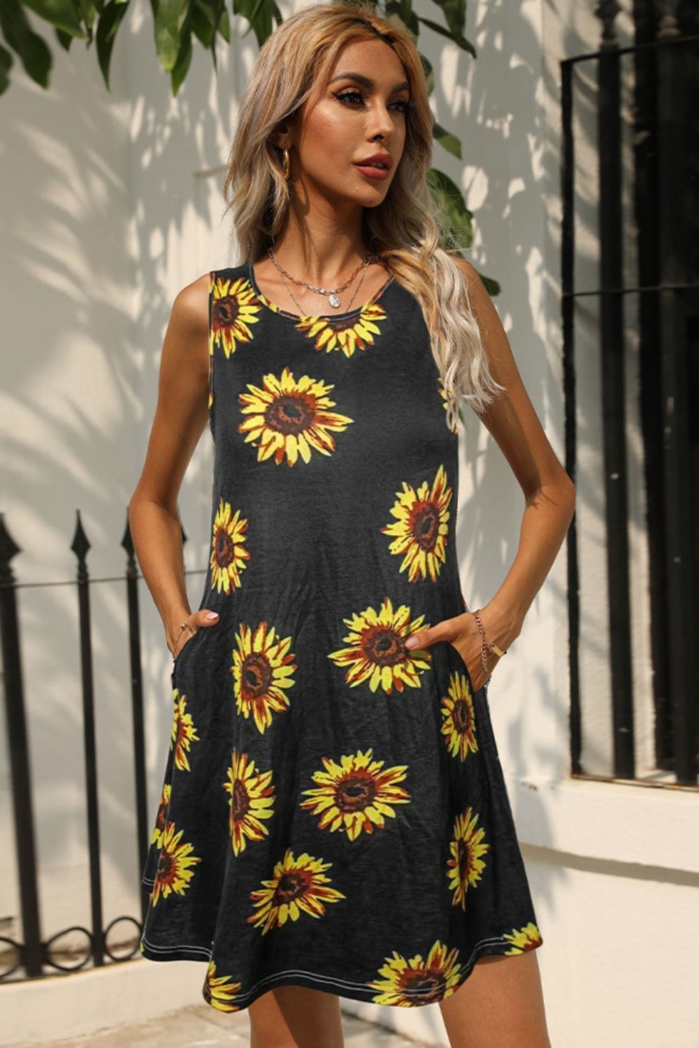 Tan Printed Round Neck Sleeveless Dress with Pockets