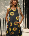 Tan Printed Round Neck Sleeveless Dress with Pockets