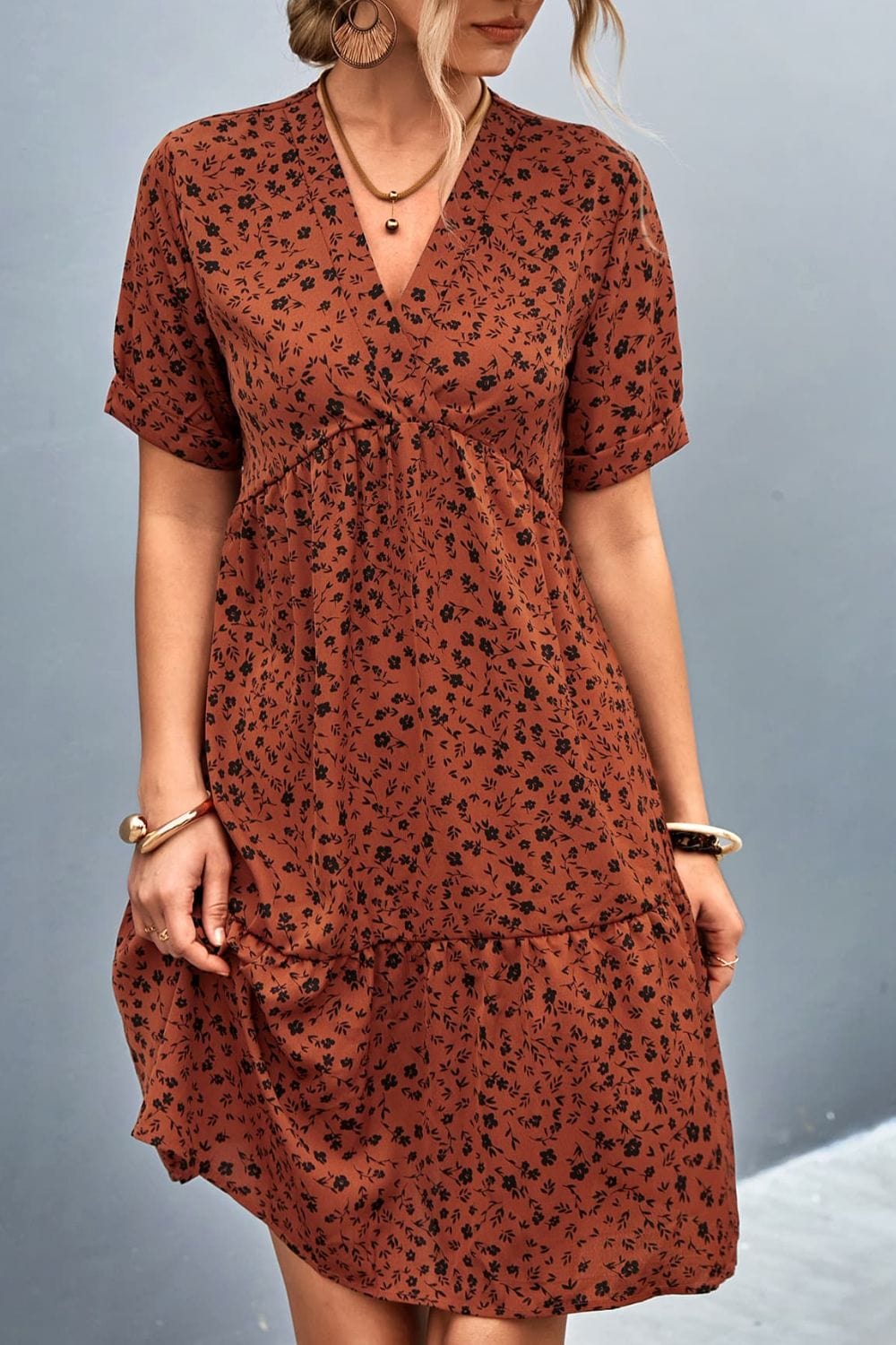 Sienna Ditsy Floral Empire Waist Plunge Short Sleeve Dress