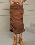 Rosy Brown Drawstring Ruched Slit Denim Midi Skirt