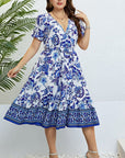 Light Gray Floral Flounce Sleeve Surplice Dress