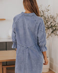 Dark Gray Collared Neck Flounce Sleeve Denim Mini Dress