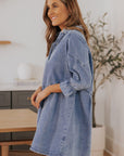 Dark Gray Collared Neck Flounce Sleeve Denim Mini Dress