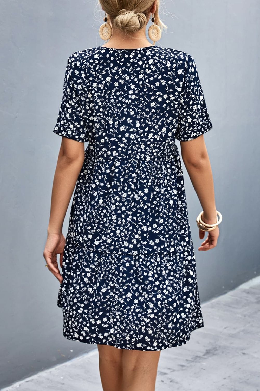 Dark Gray Ditsy Floral Empire Waist Plunge Short Sleeve Dress