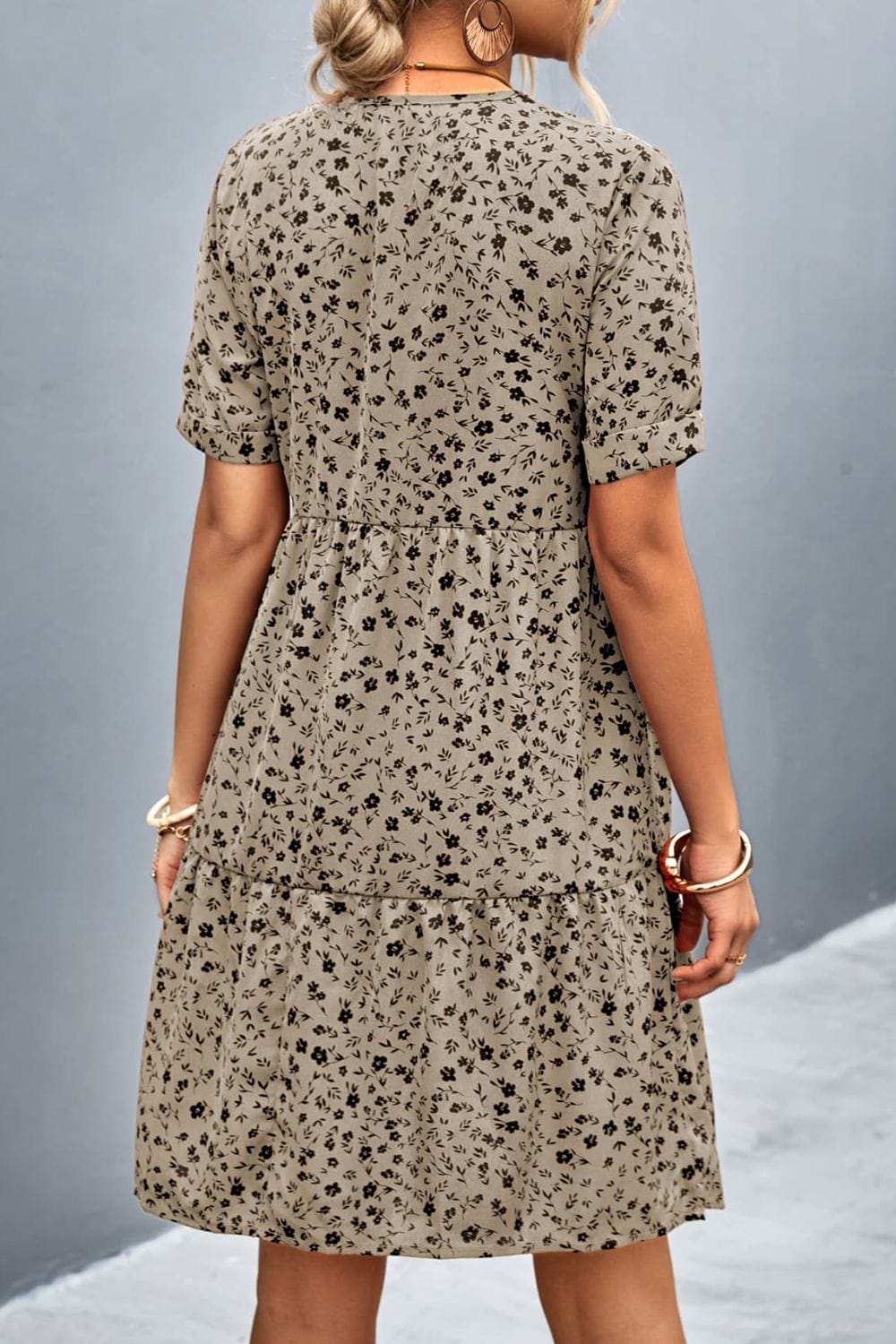 Dark Gray Ditsy Floral Empire Waist Plunge Short Sleeve Dress