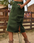 Dark Olive Green Drawstring Denim Cargo Skirt