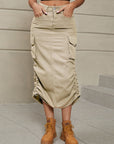 Rosy Brown Drawstring Ruched Slit Denim Midi Skirt