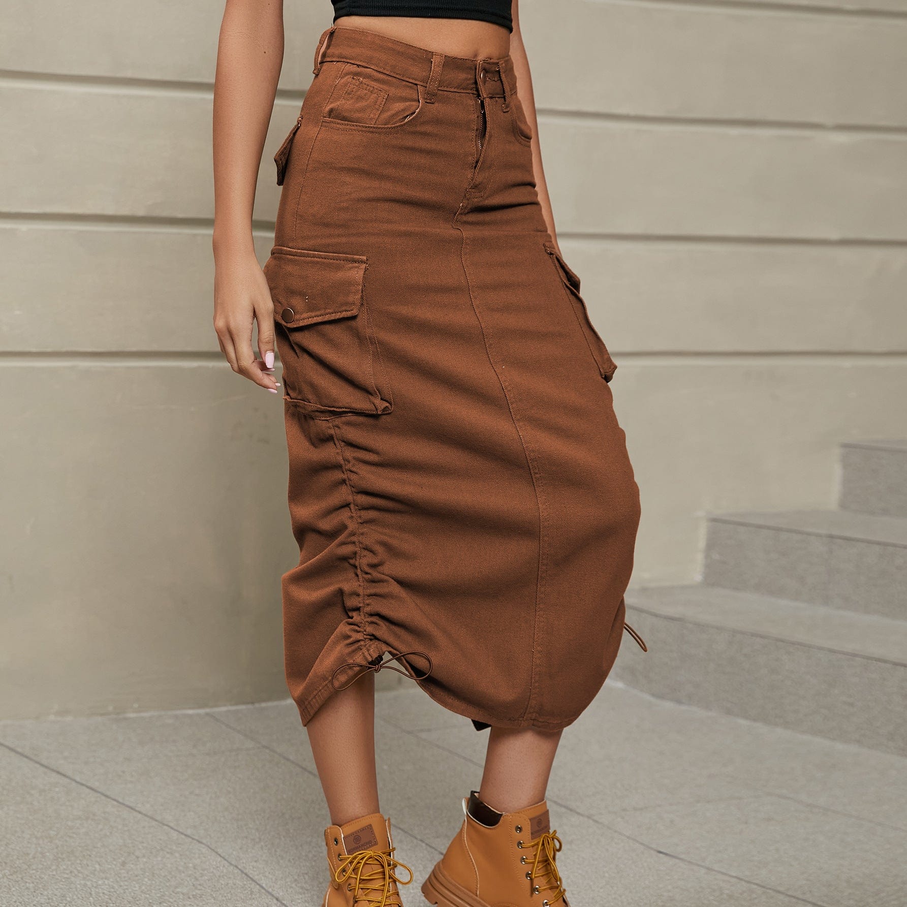 Rosy Brown Drawstring Ruched Slit Denim Midi Skirt