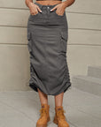 Rosy Brown Drawstring Ruched Slit Denim Midi Skirt