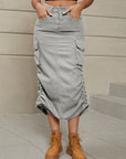 Rosy Brown Drawstring Ruched Slit Denim Midi Skirt