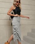 Rosy Brown Drawstring Ruched Slit Denim Midi Skirt