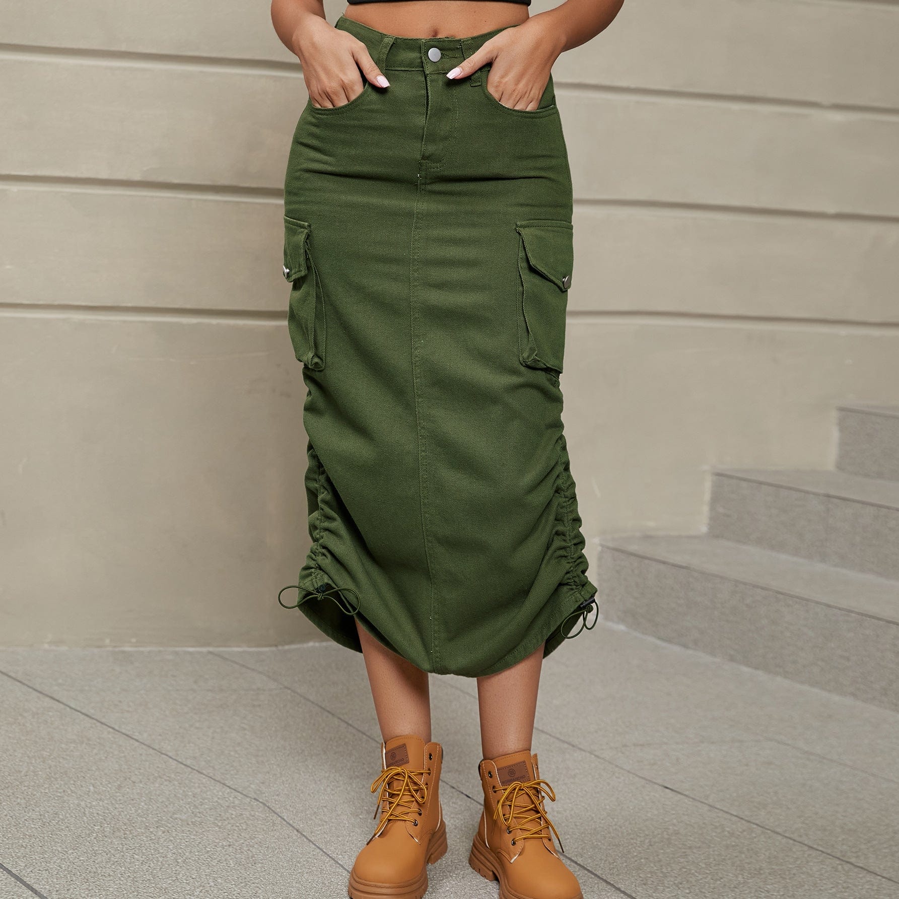 Rosy Brown Drawstring Ruched Slit Denim Midi Skirt