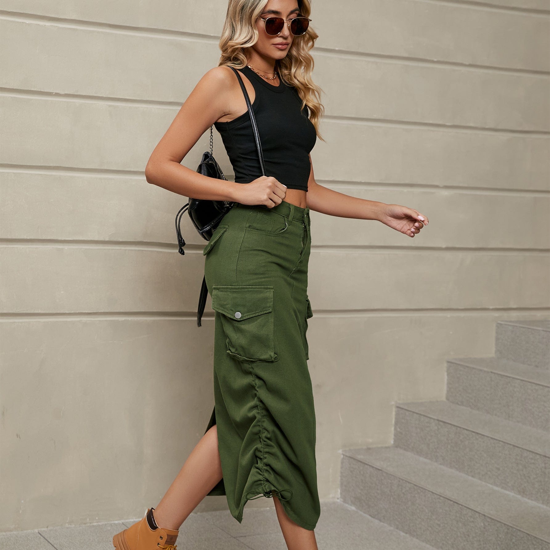 Rosy Brown Drawstring Ruched Slit Denim Midi Skirt