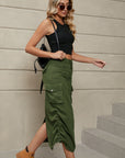 Rosy Brown Drawstring Ruched Slit Denim Midi Skirt