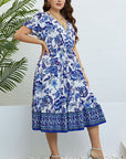 Light Gray Floral Flounce Sleeve Surplice Dress