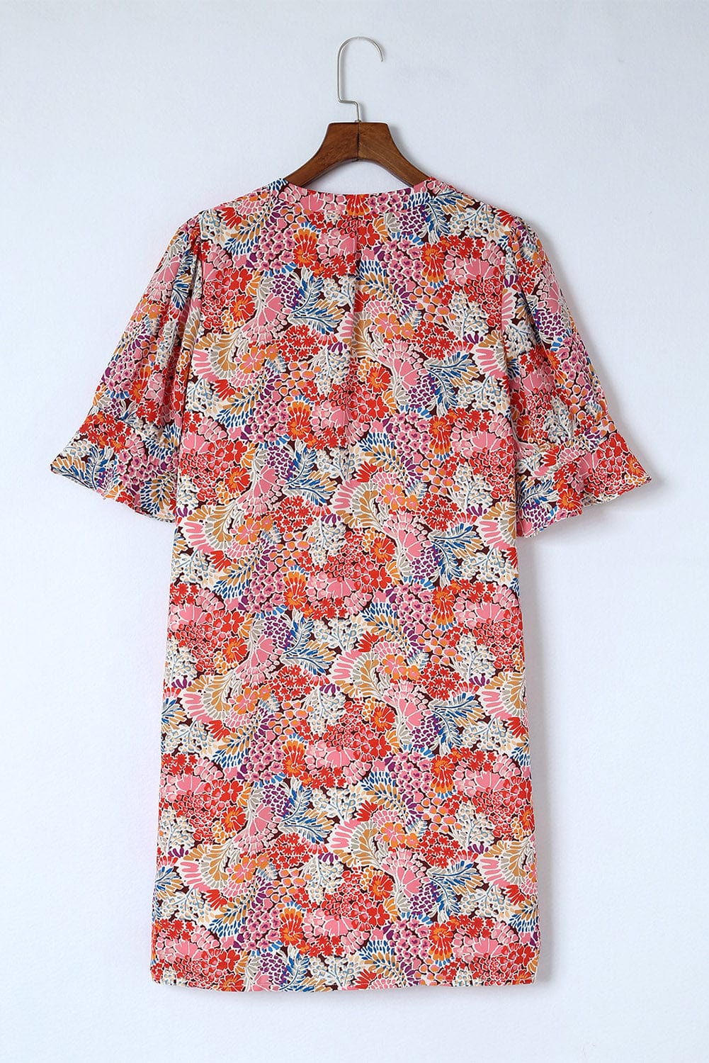 Light Gray Floral Notched Neck Flounce Sleeve Shift Dress