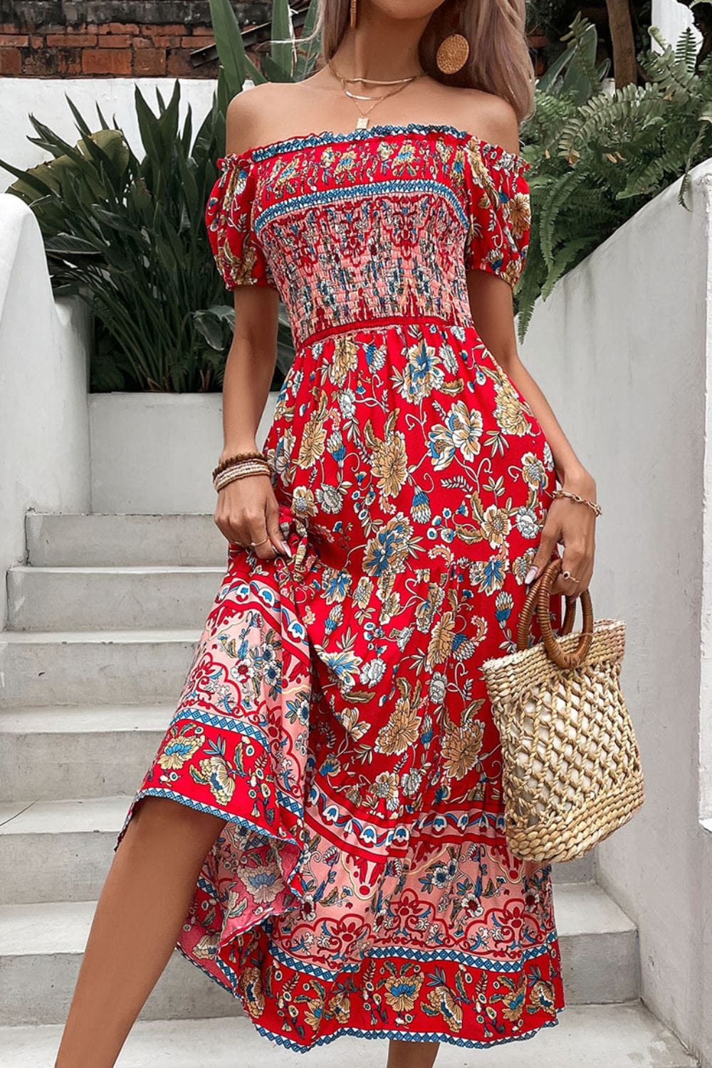 Gray Floral Off-Shoulder Smocked Midi Dress