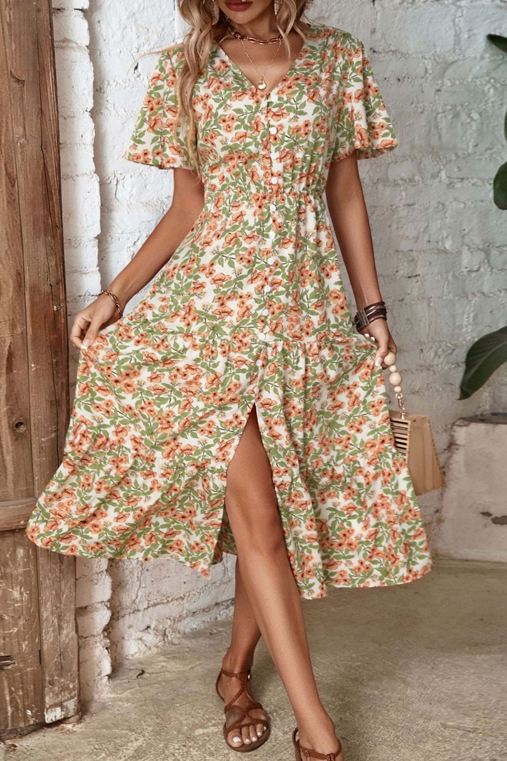 Rosy Brown Floral V-Neck Front Slit Dress