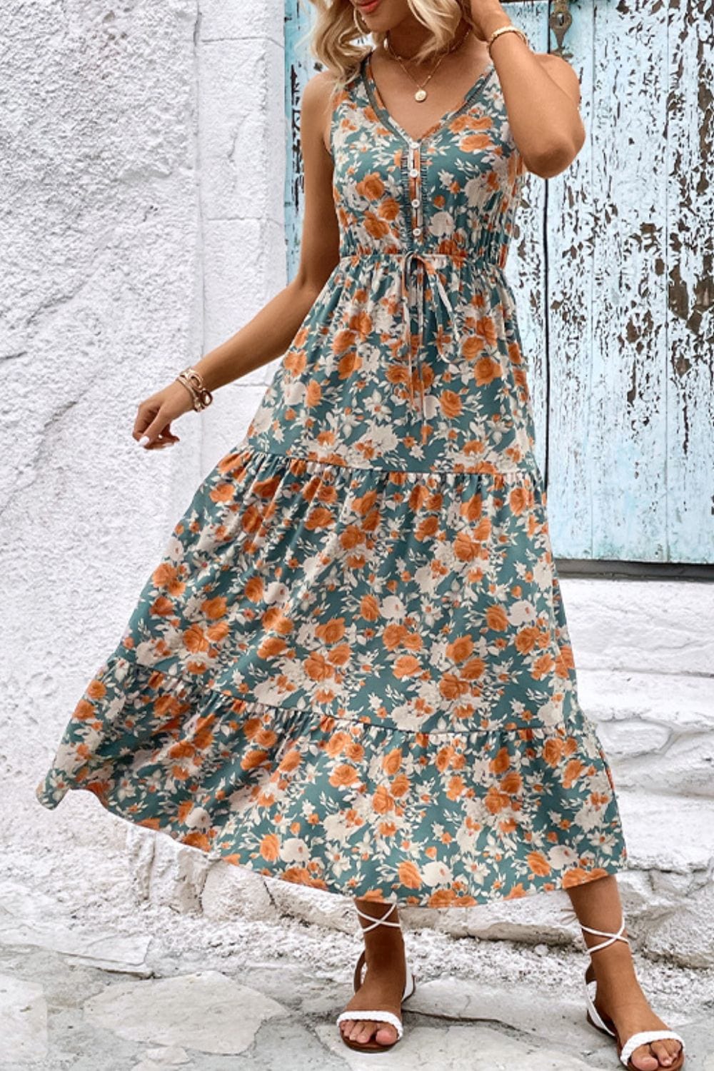 Light Gray Floral V-Neck Tiered Sleeveless Dress