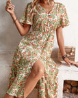 Rosy Brown Floral V-Neck Front Slit Dress