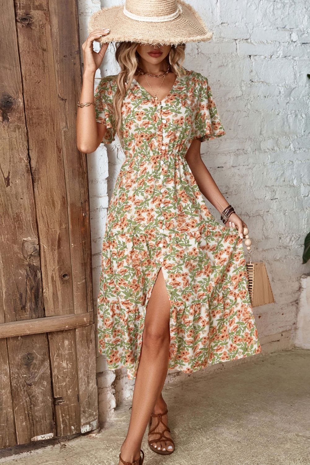 Rosy Brown Floral V-Neck Front Slit Dress