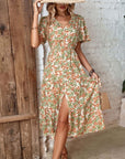 Rosy Brown Floral V-Neck Front Slit Dress