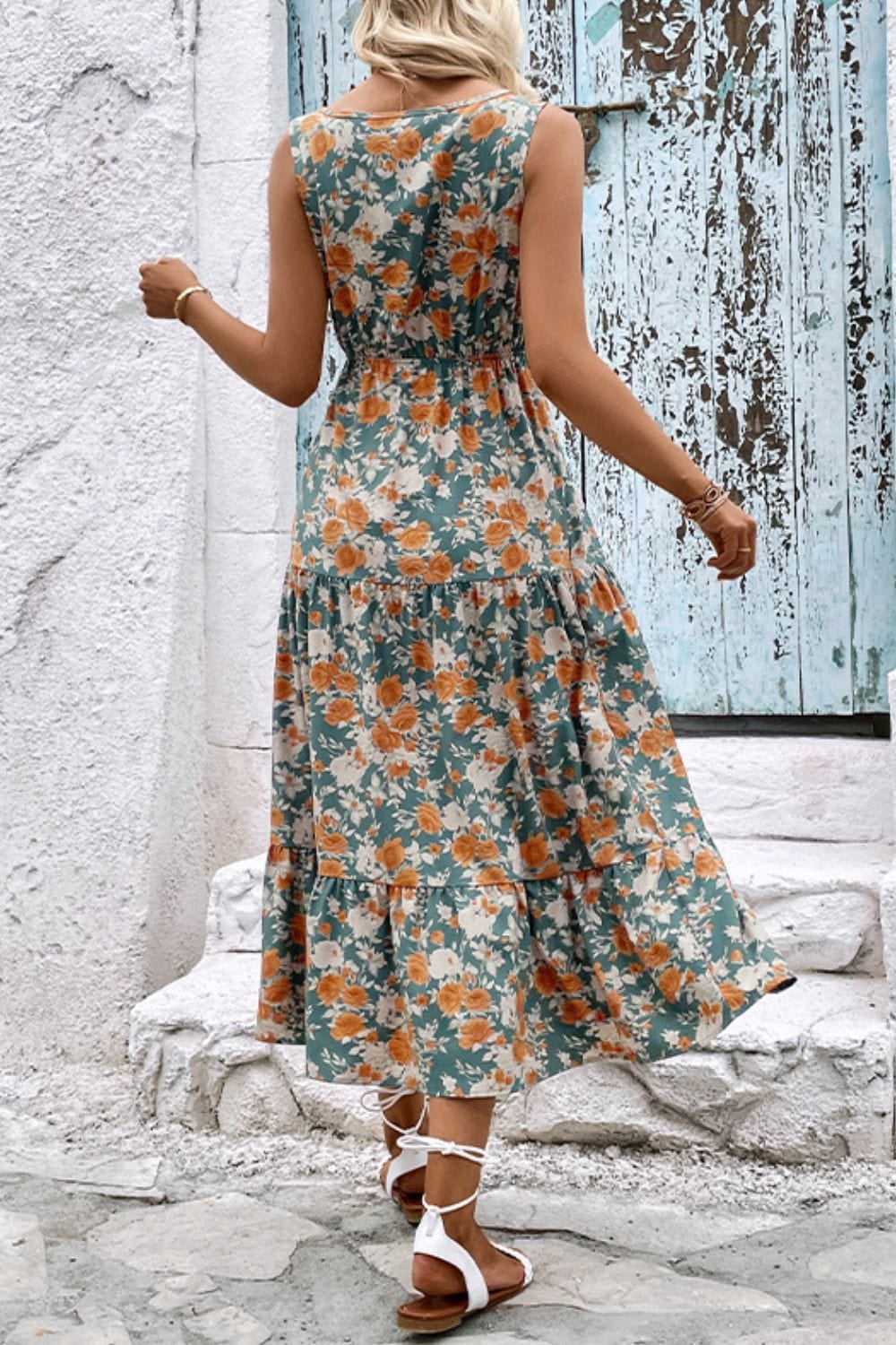 Light Gray Floral V-Neck Tiered Sleeveless Dress