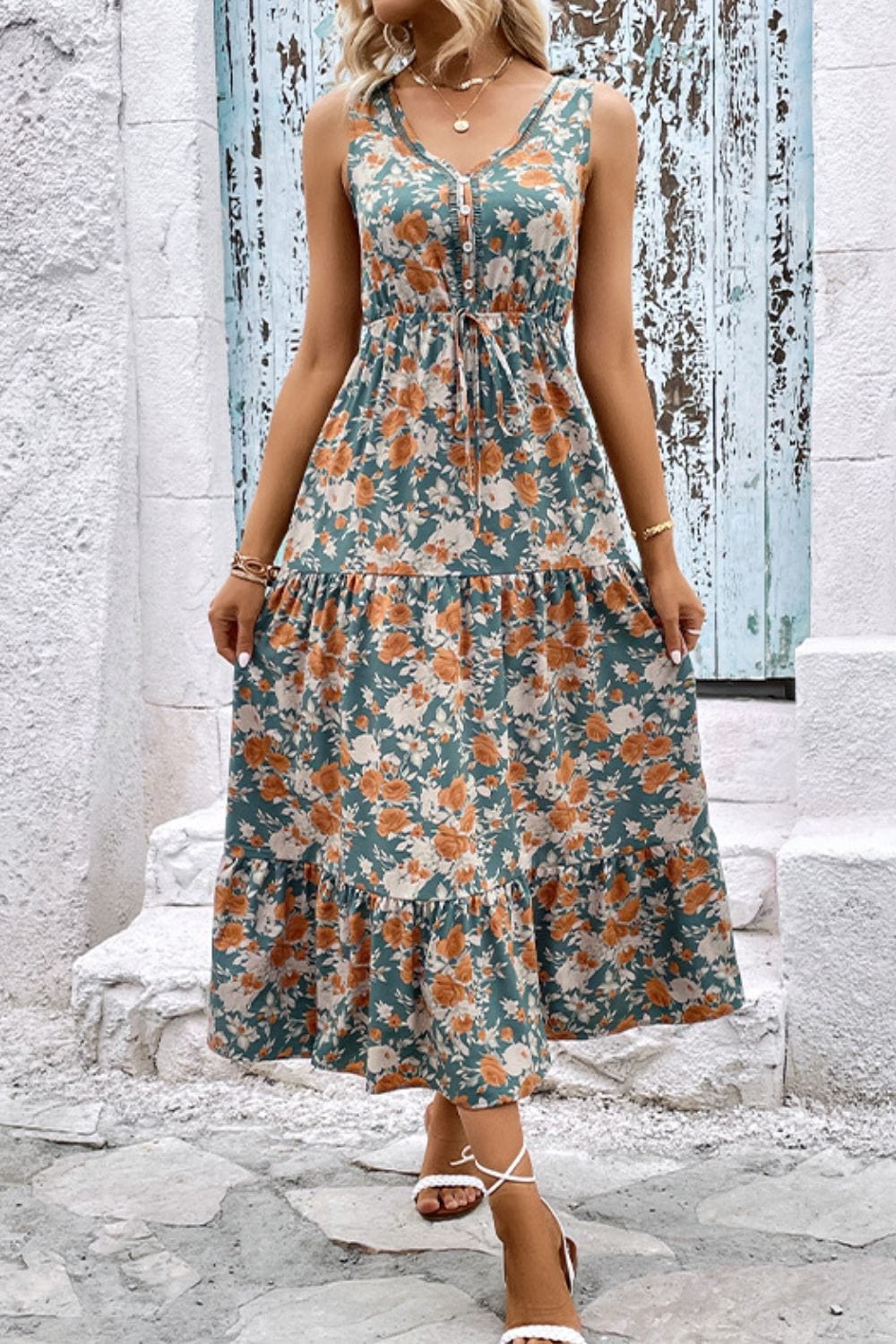 Light Gray Floral V-Neck Tiered Sleeveless Dress