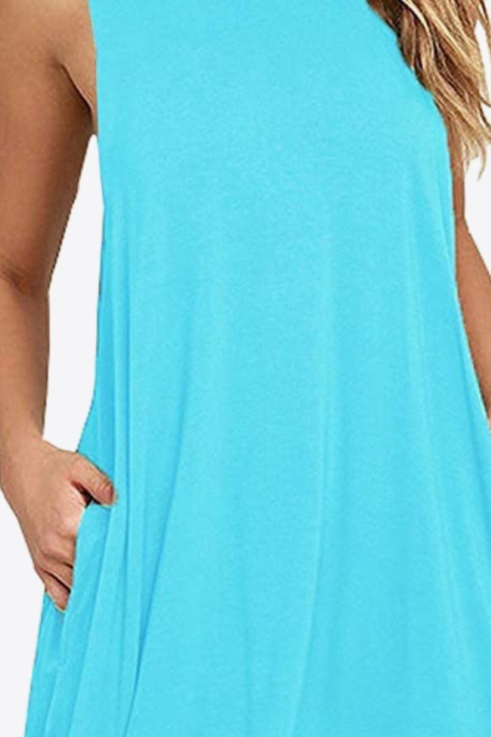 Medium Turquoise Full Size Round Neck Sleeveless Dress with Pockets