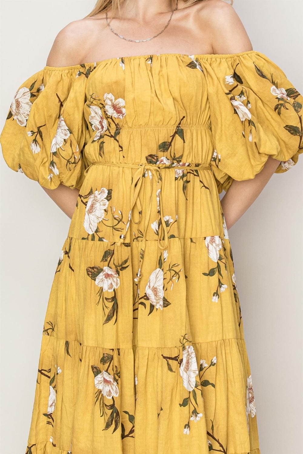 Sandy Brown HYFVE Floral Puff Sleeve Tiered Dress